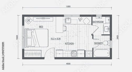 Compact tiny house studio apartment floor plan with bed, kitchen, and bathroom in bright studio.