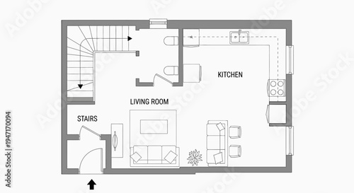 Open-concept residential floor plan featuring living room, kitchen, and stairs, on an isolated white background.
