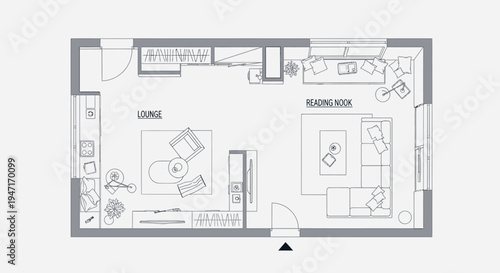 Cozy apartment or house floor plan featuring a lounge and a dedicated reading nook, on an isolated white background.