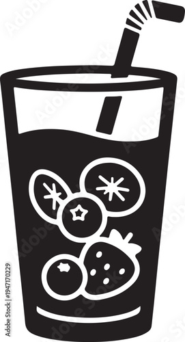 Glass with a straw filled with a fresh fruit smoothie and healthy ingredients on a transparent background