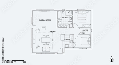 Family Home Floor Plan with Family Room, Dining, Kitchen, and Bathroom on Light Gray Background