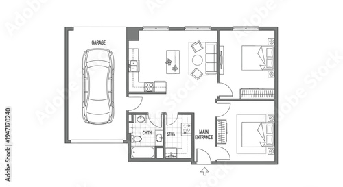 Two-Story House Ground Floor Plan with Garage, Living Area, and Main Entrance on Isolated White Background