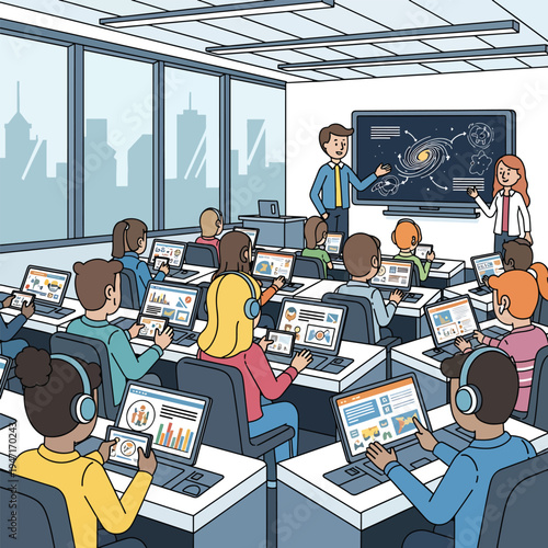 Students wearing headphones sit at desks with laptops in classroom