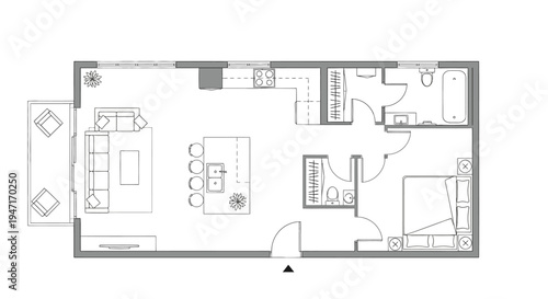 Compact Apartment Floor Plan with Living Room, Dining Area, Bedroom, and Bathroom on Isolated White Background