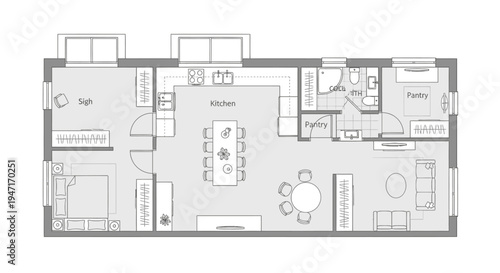 House Floor Plan with Open-Concept Living, Kitchen, Pantry, and Multiple En-suite Bedrooms on Light Gray Background
