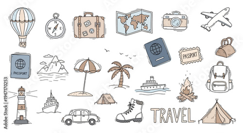 Hand Drawn Travel and Vacation Doodle Icons Set
