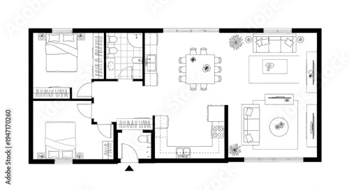 Modern Two Bedroom House Floor Plan with Open Living and Dining Area on Isolated White Background