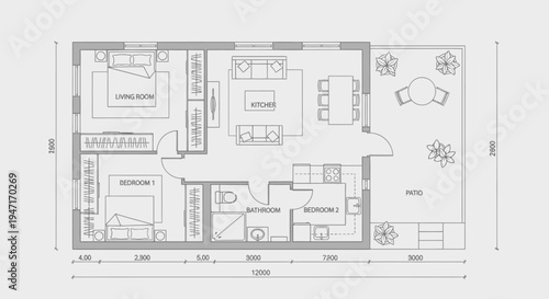 Architectural floor plan of a modern 2-bedroom house with open kitchen, living room, and outdoor patio space in bright studio.