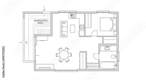 L-Shaped House Floor Plan with Dining Area, Kitchen, and Sliding Patio on Isolated White Background