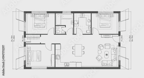 Three Bedroom House Floor Plan Illustrating Living Room, Kitchen, and Multiple Bathrooms on Light Gray Background