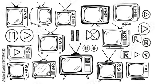 Hand Drawn Retro Television Set and Media Player Icons Collection