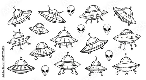 Set of Hand Drawn UFO Spaceships and Alien Faces