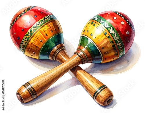 Colorful watercolor illustration depicting two maracas crossed on a white background, displaying detailed hand-painted designs