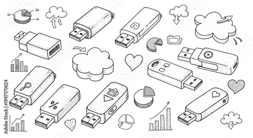 Hand-Drawn USB Flash Drive Icons and Digital Data Symbols Set