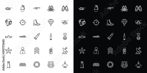 Set of 25 Military and Army Line Icons Vector Collection for War, Defense, and Combat-Themed Designs, Featuring Weapons, Gear, and Vehicles