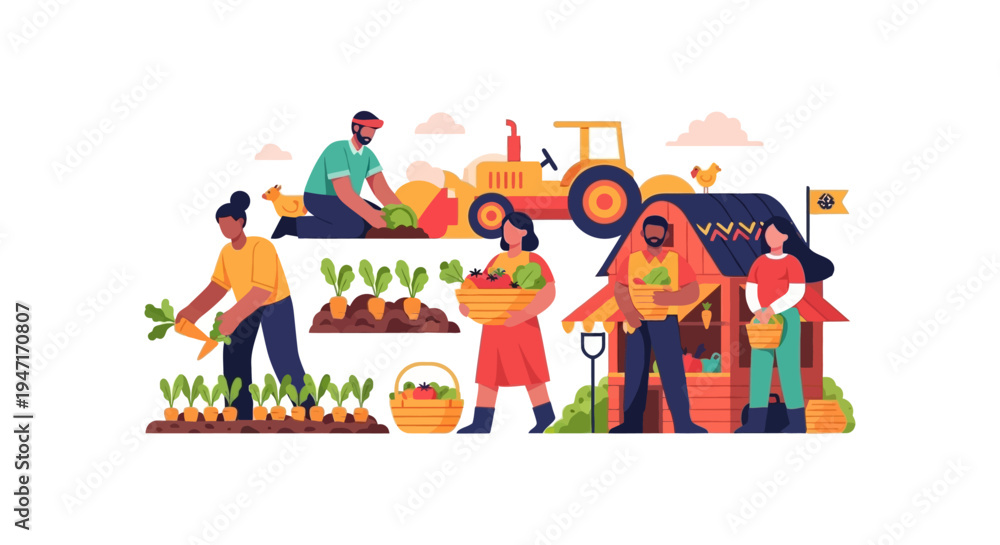Fototapeta premium Agriculture Teamwork: Farmers Harvesting Organic Produce, Tractor, and Farm Stand. Modern Flat Vector Illustration.