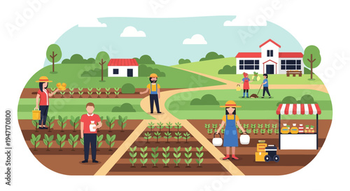 Sustainable Farm Community: Flat Vector Illustration of Farmers Planting, Harvesting Crops, and Selling Local Produce at a Market Stand.
