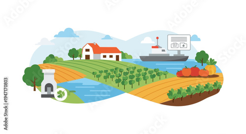 Smart Agriculture Supply Chain Illustration: Digital Farm Landscape, Logistics Ship, Crop Management, and Global Food Trade Vector.