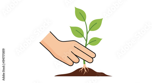 Hand Planting Seedling Icon. Growth, Ecology, and Environmental Conservation Illustration on White Background.