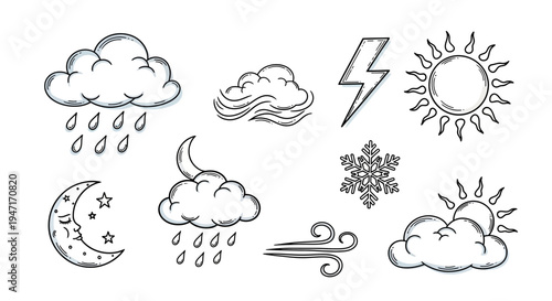 Hand Drawn Weather Icons Set with Sun Cloud Rain and Snow