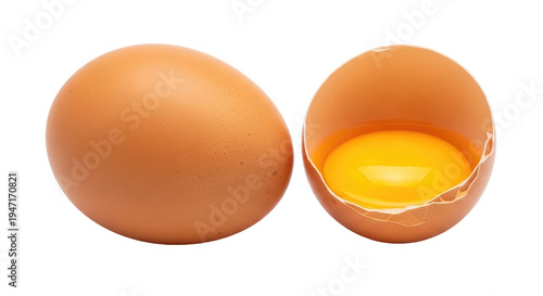 Brown egg and cracked egg with yolk