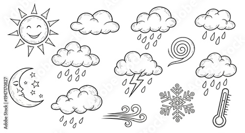 Hand Drawn Weather Icons Set with Sun Moon Clouds and Rain