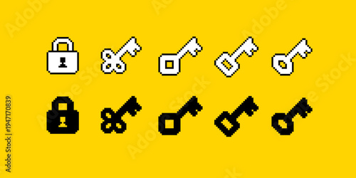 Door lock Key icons set in Pixel Art style - 8-bit retro video game asset. Password login security key and padlock icons. Editable vector pixel art