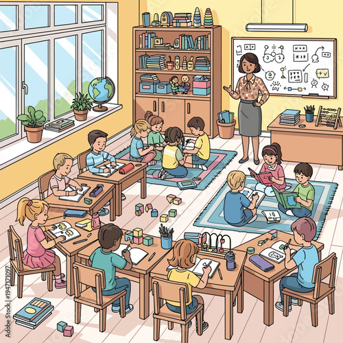 A teacher standing in a classroom instructing students sitting at desks with art supplies and books on shelves nearby