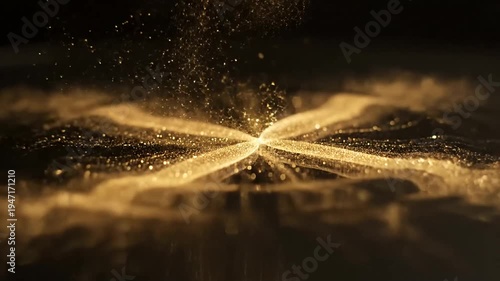 Abstract golden particles falling into water, creating a beautiful light effect.