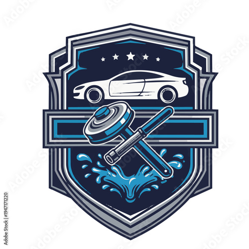 A shield logo features a car and tools in a graphic design element.