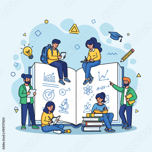 Students study and learn together in a colorful educational setting with books and diagrams