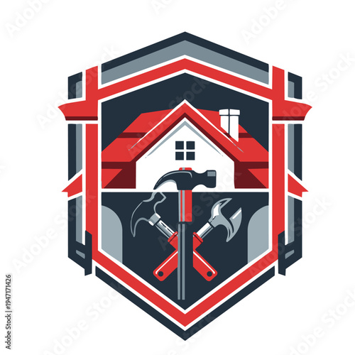 A shield logo features a house with a hammer and wrench crossed underneath.