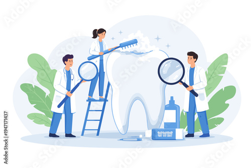 Professional team of dentists cleaning and inspecting a giant human tooth with a large toothbrush, magnifying glasses, toothpaste, and mouthwash, flat vector illustration for dental healthcare.
