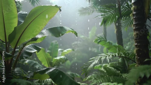 Lush tropical rainforest with heavy rainfall and dense green vegetation in natural setting