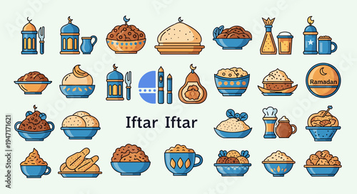 Iftar Iftar Ramadan Food Icons, Editable Vector Illustration