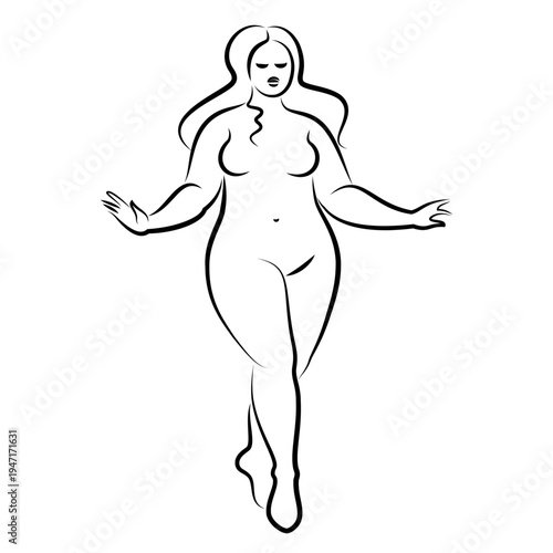 Silhouette of the figure of a slender naked woman. The girl is standing, she is overweight. A lady full of beauty and sexuality. Vector illustration.