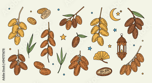 Ramadan Kareem Decorative Elements with Dates, Lantern, and Crescent Moon