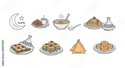 Eid al-Fitr Food Illustration, Traditional Islamic Holiday Dishes