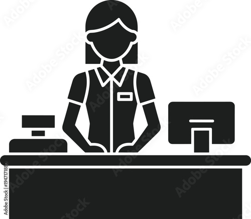 Silhouette of a female cashier standing behind a counter with a computer monitor woman person