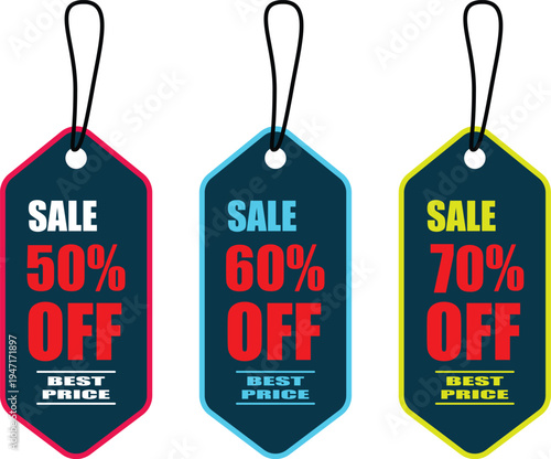 Three sale tags with different discount percentages are displayed prominently.