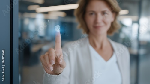 Free Download Fingerprint scanner glowing blue as woman unlocks medical records on transparent holographic display in modern clinic hallway, secure patient data access at sunrise, perfect for biometric - GFXLoad