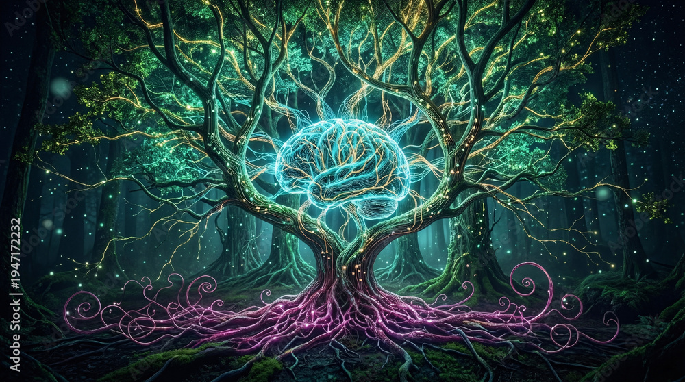 Fototapeta premium Glowing Brain Tree in Mystical Forest with Neural Network Branches and Roots Concept Art