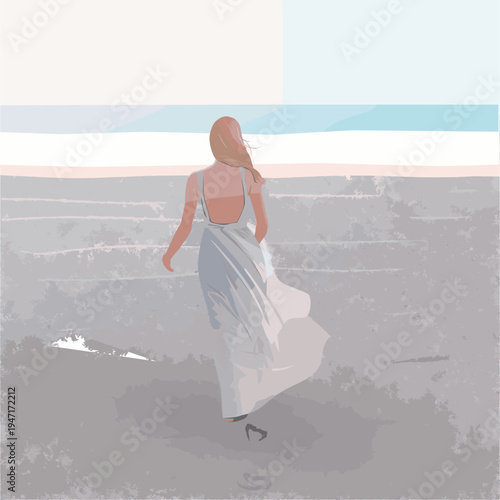 Woman in White Dress Walking on Beach Vector Illustration