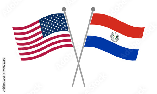 Crossed national flags of United States and Paraguay on flagpoles representing diplomatic relations, international partnership and geopolitical cooperation vector illustration