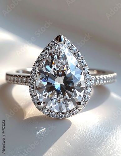 Pear-shaped diamond ring with a halo setting on a pav? band sits on white cloth
