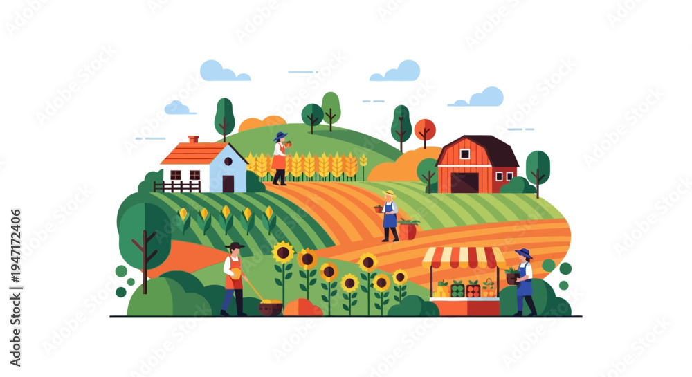 Obraz premium Rural Farm Landscape Illustration with Farmers Working and Selling Produce at Local Market Stand. Agriculture and Harvest Vector Concept.