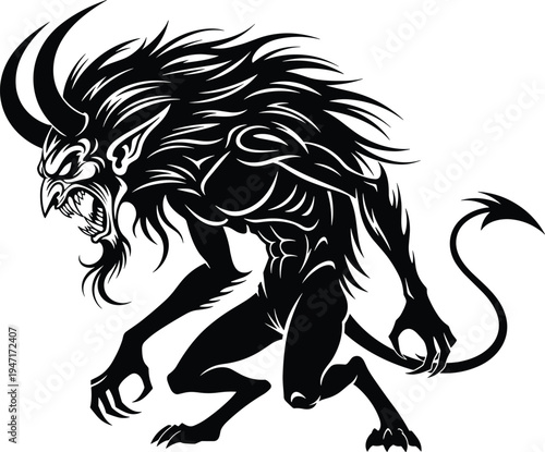 Black and white line art demonic creature illustration featuring horns fangs claws muscular body flame patterns stylized aggressive fantasy monster design perfect for horror dark creative projects