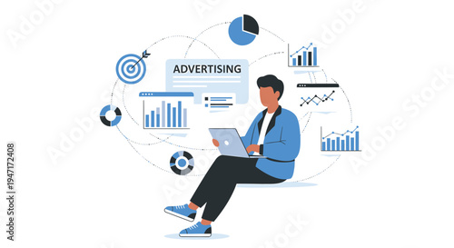 Vector illustration of man with laptop and business charts