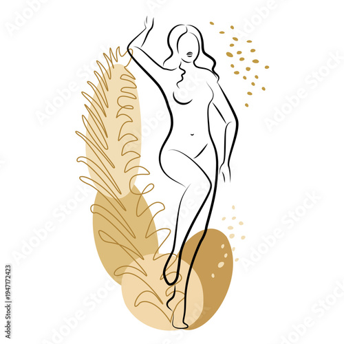 Silhouette of a cute lady and leaves of a plant. The girl is standing. The woman has a beautiful naked figure. She is young and slim. Vector illustration