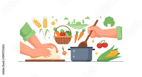Hands Cooking and Preparing Food: Farm-to-Table Illustration with Fresh Harvest Vegetables, Wheat, Dough, and Stew Pot.
